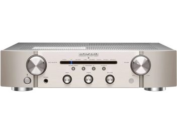 Marantz PM6007 hõbedane-kuldne stereo hi-fi-võimendi, esivaatest, 2 pöördnuppu, 6 lükkamislülitit, 2 kõrvaklappide pesa