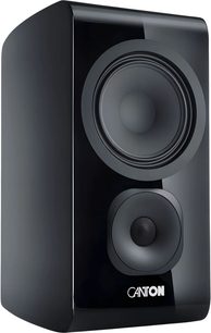 Altavoz de estantería Canton Vento 31 negro lacado, vista frontal en tres cuartos con frontal brillante y dos altavoces