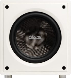 Velodyne VI-Q 12 witte subwoofer, vooraanzicht met grote zwarte luidspreker in het midden