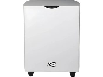 Cabasse Orion kubisk subwoofer i vit matt finish, svart högtalare på framsidan, svarta fötter, vy framifrån
