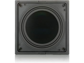 Monitor Audio IWS-10 négyzetes fekete beépíthető mélyhangszóras doboz középen kör alakú hangszóróval és a négy sarokban csavarokkal, elől nézetben