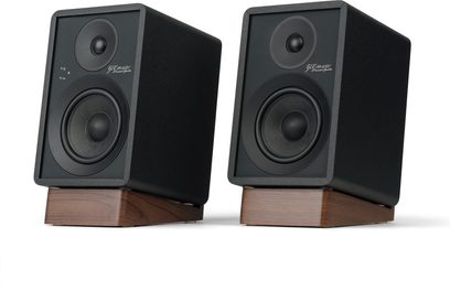 Bærbare bluetooth-højttalere GX-30ARC sort, sæt med 2, sorte rektangulære kabinetter, skrå træbaser, perspektivvisning