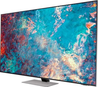 Samsung QE75QN85A -televisio, jossa näkyy eloisa abstrakti kuva syaanin, punaisen ja keltaisen väreillä mustaa taustaa vasten