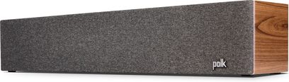 Diffusore centrale Polk R350 in noce, forma rettangolare allungata, cabinet in legno scuro, griglia nera che copre la parte frontale