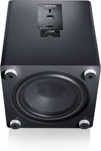 Subwoofer Canton Smart Sub 12 nero visto dal basso con altoparlante circolare e quattro piedini rotondi