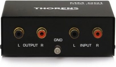 Thorens MM 001 kompakt phono-forforstærker, mat sort kabinet, 4 forgyldte RCA-stik, mærkede, GND-knap