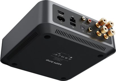 Ενισχυτής hi-fi στερεοφωνικός WiiM AMP σκούρο γκρι, όπως φαίνεται από κάτω, με συνδέσεις HDMI ARC, LAN, USB, RCA και επίχρυσους ακροδέκτες.