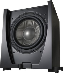 JBL SUB550P sort subwoofer, set forfra, trapezformet, central rund højttaler, mat sort finish