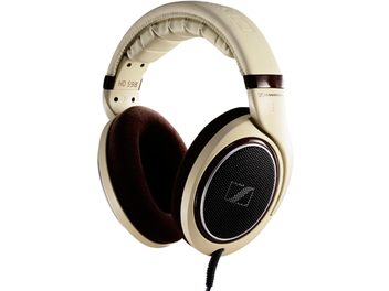 Open-back hifi-hoofdtelefoon Sennheiser HD-598 beige en bruin, ovale oorschelpen, gewatteerde hoofdband, afneembare kabel, drie-kwart achteraanzicht