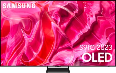 Nærbillede af OLED-skærmen på Samsung S91C 2023-tv'et, der viser abstrakte røde og lyserøde former