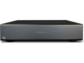 VSSL A.6X stereo hi-fi amplifier, front view, matte black rectangular enclosure with minimalist front panel, white "VSSL" logo in top left corner