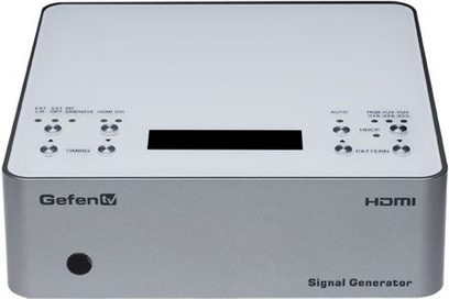 Gefen GTV-HDMI-SIGGEN grå HDMI-signalgenerator, frontvisning med LCD-skærm, knapper og stik
