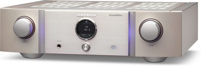 Ampli hi-fi stéréo Marantz PM-12SE argent doré, vue de face, 2 boutons rotatifs et 1 affichage numérique sur la façade