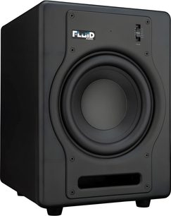 Forstærket Fluid Audio F8S-monitorhøjttaler i sort, set forfra, træhøjttaler med central rund højttaler