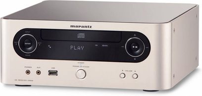 Marantz M-CR502 kompakt lydsystem i børstet aluminium, frontpanel med LCD-skærm, knapper og stik, set forfra