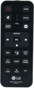 Sort LG Sound Bar fjernbetjening AKB74475433 med knapper til lyd- og videofunktioner, set forfra