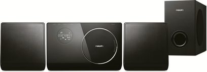 Philips HTS4600 hjemmebiografsystem bestående af en subwoofer, to højttalere og en hovedenhed med CD-afspiller, set forfra