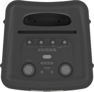 Bærbar Bluetooth-høyttaler Klipsch New York, sett ovenfra, svart overflate, 4 roterende knapper, 2 sirkulære høyttalere, sentrerte kontroller