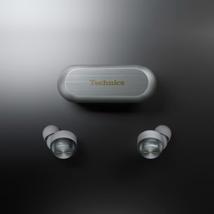 Auriculares inalámbricos Bluetooth Technics EAH-AZ100E plateados con estuche ovalado plateado y 2 auriculares intrauditivos a juego