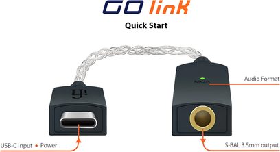 iFi Audio GO Link USB-C til 3,5 mm jackstik lydkonverter. Rektangulært mat sort kabinet. Stik i enderne