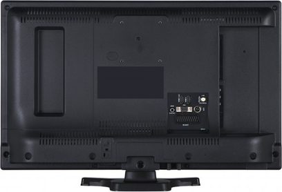 Panasonic TX-24E200E sort fladskærms-TV, bagside, med tilslutninger som HDMI- og USB-porte, centralt placeret fod
