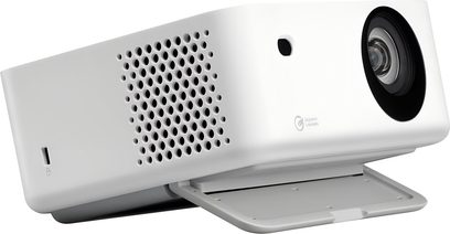 Optoma ML1080 videoprojektor i hvid plast, trekvarts forfra, sidegitter, indbygget linse, flad bund