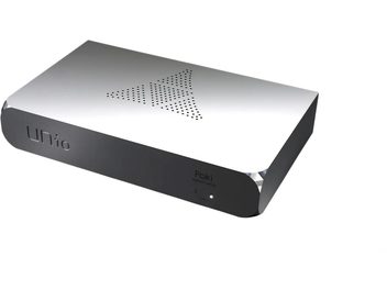 Ungnoi UNio Poki silver and black network switch, rectangular casing with a perforated X pattern on top