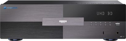 Lettore Blu-ray 4K Magnetar UDP900 MKII frontale in alluminio spazzolato nero grigio schermo UHD BD e pulsanti di controllo sul frontale