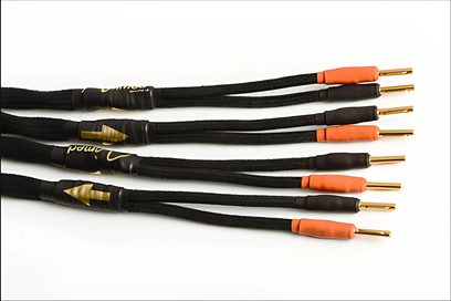 Otte sorte audiokablerne med forgyldte stik, arrangeret parallelt i stigende længder på en hvid baggrund