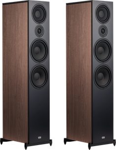 Gulvhøjttalere Heco AURORA XT 1000 valnød, set forfra og i trekvart vinkel, sidepaneler i træ, sort front, 4 runde højttalerenheder