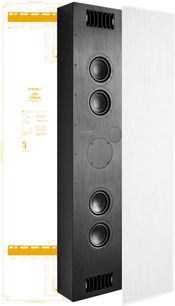 Innebygd subwoofer PMC Ci140 sub svart, 4 runde høyttalere, svart grill, frontvisning og teknisk diagram