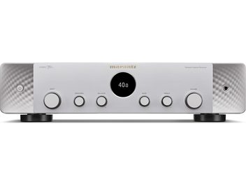 Marantz Stereo 70 sølv hi-fi forsterker, frontpanel med knapper, rattkontroller og digitalt display, sett forfra