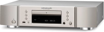 Leitor de CD Marantz CD6007 prateado dourado, vista frontal, painel frontal com visor, botões e gaveta de CD