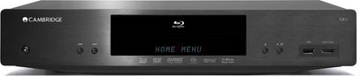 Cambridge Audio CXU sort 4K Blu-ray-afspiller, set forfra, sort front med blå skærm, knapper og porte på fronten