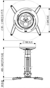 Vogel's PPC 2030 loftmonteringssystem til videoprojektor, set ovenfra og fra siden med dimensioner, i metal, rund, med ledarmede