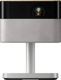 Vidéoprojecteur Epson EF-72 noir vue de face avec façade textile beige objectif central et pied argenté