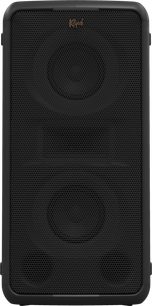Φορητό ηχείο Bluetooth Klipsch Miami, όψη από μπροστά, μαύρη διάτρητη γρίλια που καλύπτει 2 ορατά κυκλικά ηχεία