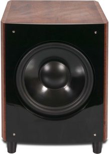 Sort subwoofer, front med cirkulær højttaler, kabinet i mørkt træ, kubisk form, set forfra