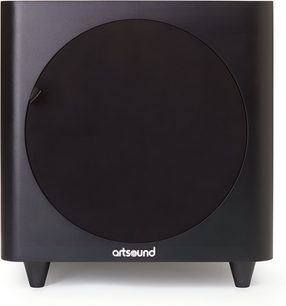 Önden görünüş: siyah, kompakt ArtSound subwoofer, dairesel ızgaralı ön panel ve kısa, konik ayaklar