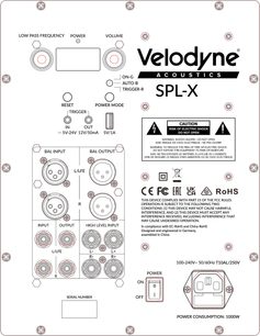 Pannello posteriore del subwoofer Velodyne SPL-X con controlli, ingressi XLR/RCA, morsetti ad alto livello e presa di alimentazione