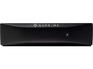 Bezprzewodowy nadajnik Nuprime BTR-HD w kolorze matowej czerni, prostokątny, z białym logo, na czarnym tle, widok z przodu
