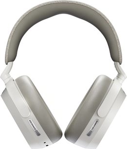 Sennheiser Momentum 5 hi-fi austiņas baltā krāsā, skats no priekšpuses, ar gaiši pelēku galvas stīpu un lieliem ovāliem ausu spilventiņiem