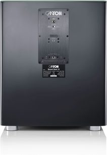Subwoofer attivo Canton Smart Sub 12 nero visto da dietro, con pannello di controllo centrale e piedini cilindrici in alluminio