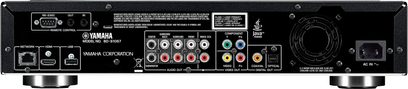 Yamaha BD-S1067 sort 4K Blu-ray-afspiller, frontvisning, audio/video-stik, kontrolknapper, LED-display