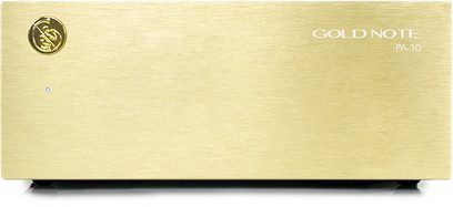 Gold Note PA-10 hifi-versterker goud, rechthoekige behuizing geborstelde afwerking, gegraveerd logo, blauw indicatielampje