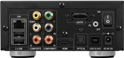 Dune HD Smart D1 nettverkslydspiller, svart bakpanel med tilkoblinger for lyd, video, nettverk og strømforsyning