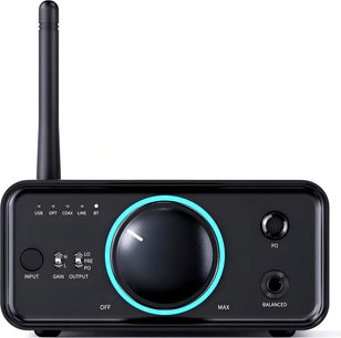 FiiO K7 BT black aluminum headphone preamp, front view, vertical wireless antenna on the left, large central volume knob surrounded by a turquoise LED ring, USB OPT COAX LINE BT input indicators, input button, H/L gain switch, LO PRE PO switch, and two headphone jacks: PO and BALANCED