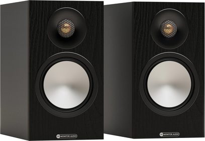 Pari Monitor Audio Bronze 50 7G mustapuinen hyllykaivutinta, hopeiset kaiuttimet ja kultaiset tweetterit