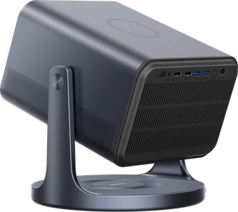 Videoproiector Hisense C2 Pro, vedere laterală, carcasă dreptunghiulară gri închis, suport curbat, porturi din spate vizibile