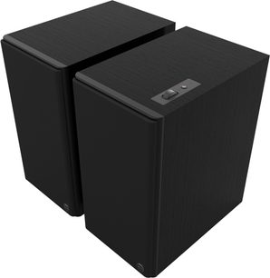 Coppia di diffusori connessi Klipsch The Nines II neri, finitura in legno nero con griglie frontali, vista a tre quarti